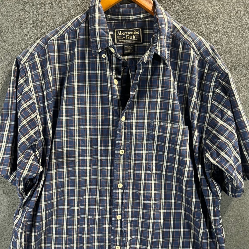 Abercrombie & Fitch Mens Plaid Short Sleeve Button Down Shirt Navy Blue Orange M